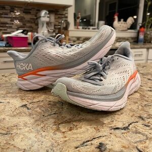 Women’s Hoka Clifton 8 Gray and Orange Athletic Shoes